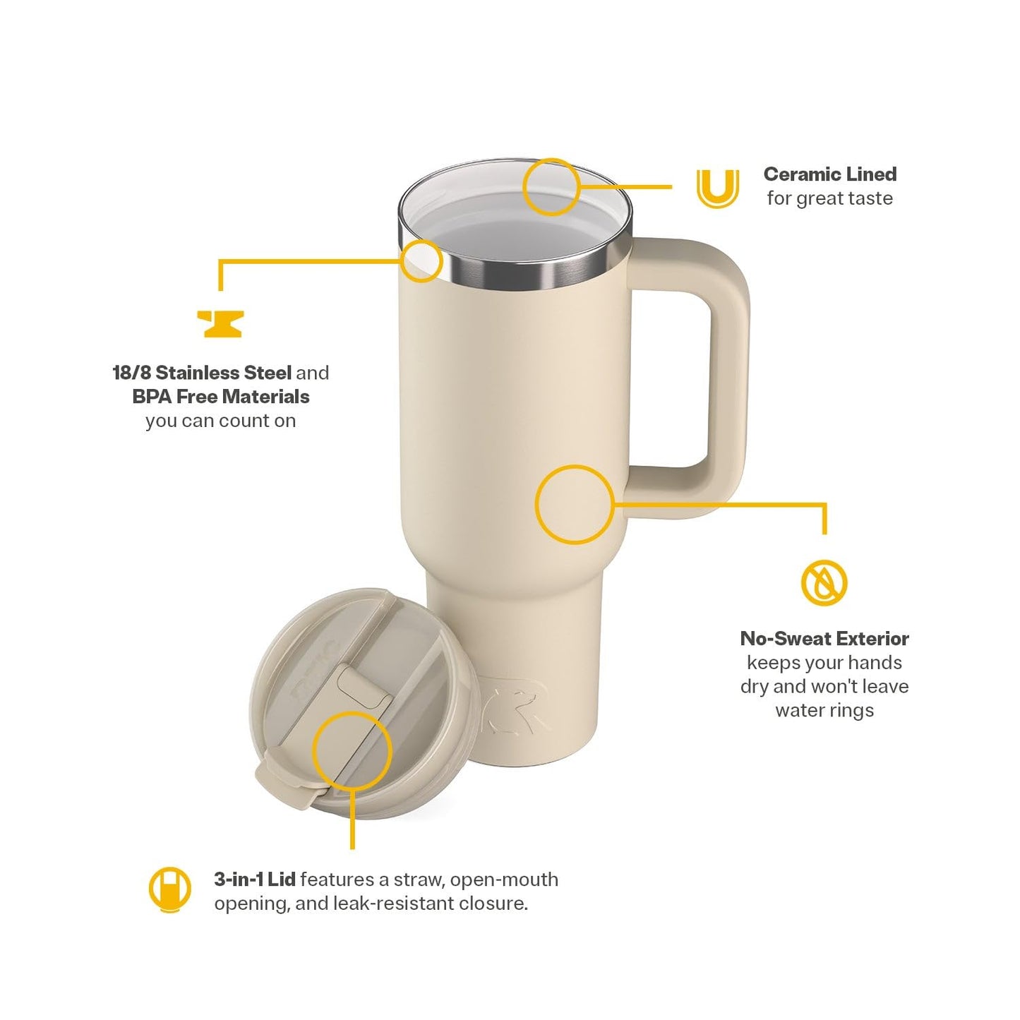 RTIC 30 oz Road Trip Tumbler Double-Walled Ceramic Lined InsulatedStainless Steel Portable Travel Coffee Mug Cup with Lid, Handle and Straw, Beach