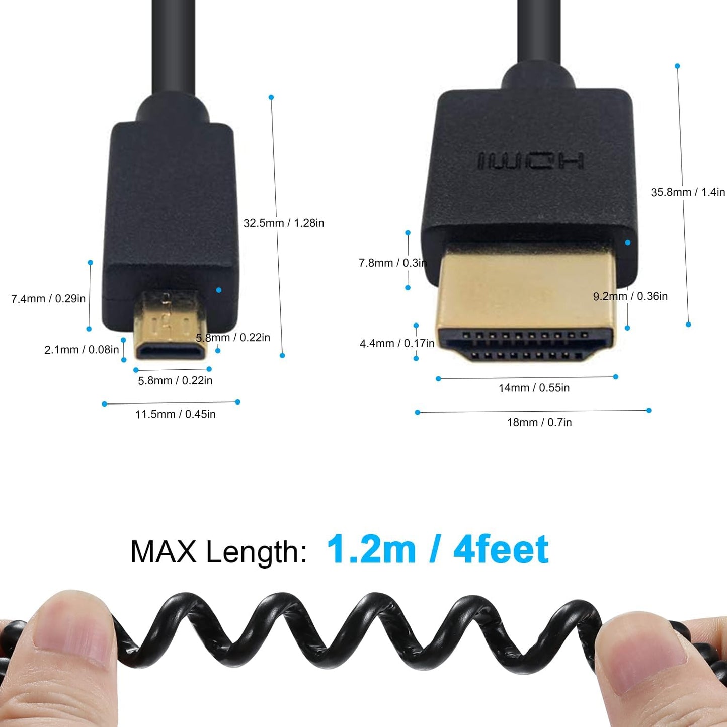 1FT-4FT, 4K@60Hz 3D 5 4, 7/6 Duttek Micro HDMI to HDMI Coiled Cable HDMI to Micro HDMI Adapter Cable Extreme Slim/Thin