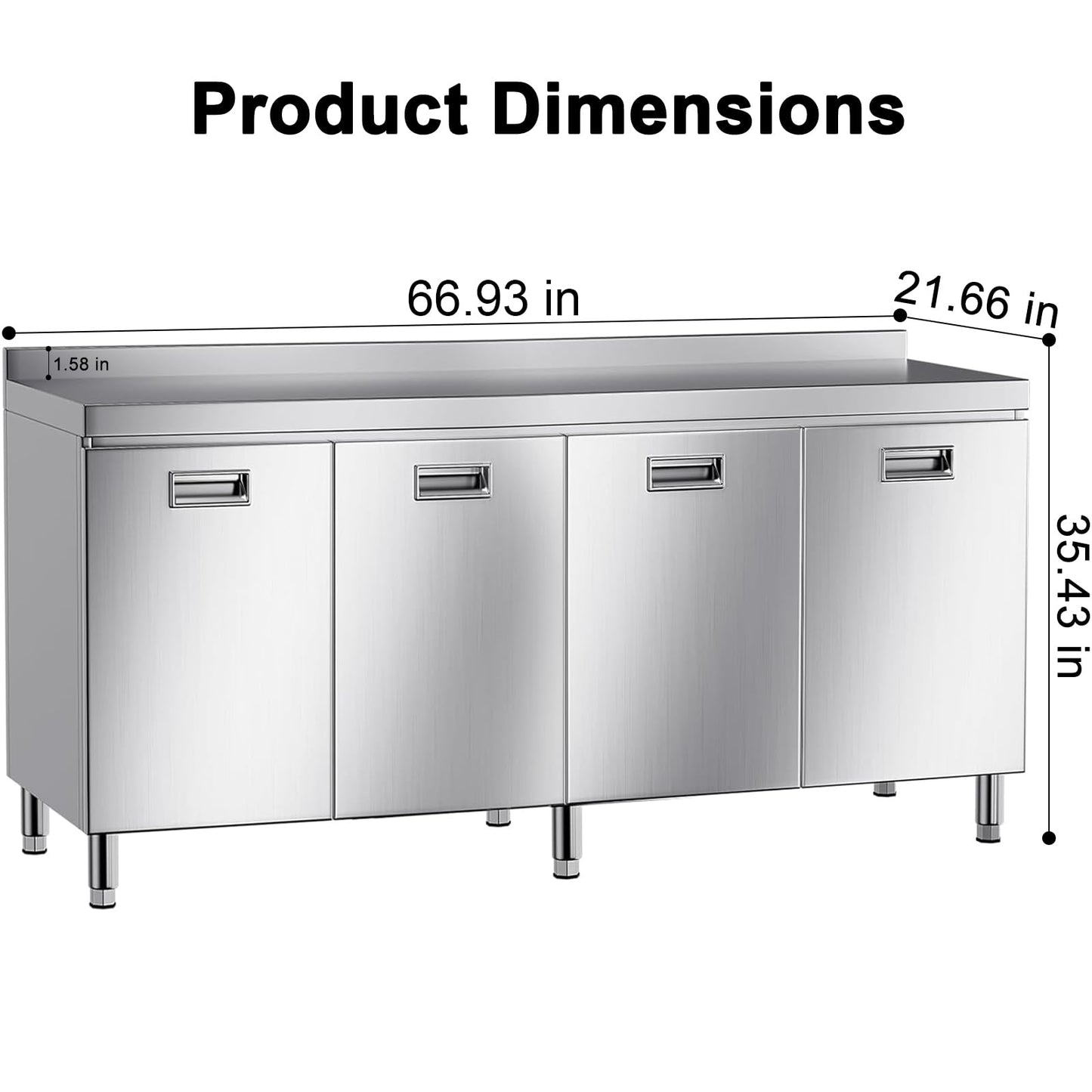 ZZV Stainless Steel Table Cabinet for Prep & Work 21 x 66 Inch, Heavy Duty Prep Table with 4 Pull-Out Doors, Commercial Workbench with Cabinet for Kitchen, Restaurant, Hotel, Garage, and Warehouse