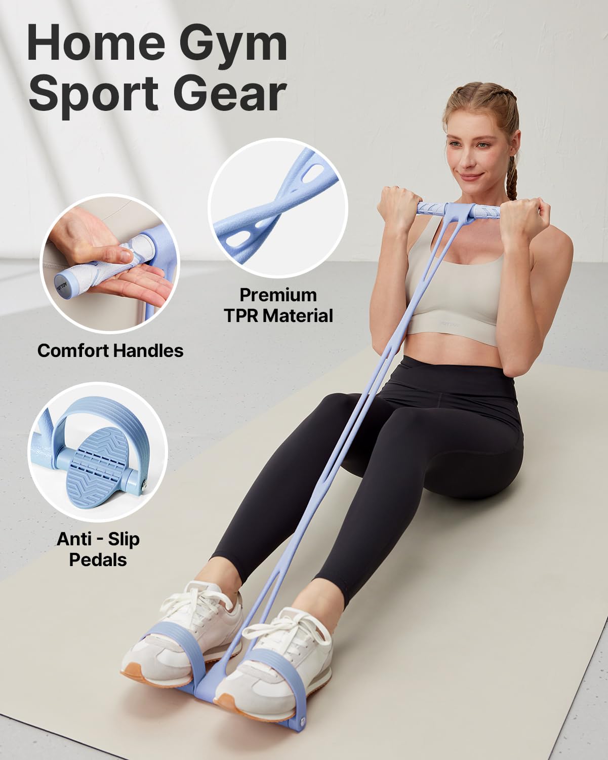 YOTTOY Pedal Resistance Band, Thick Elastic Tension Rope with Handles, Sit-Up Pull Rope Fitness Equipment for Leg, Arm, Abs, Waist, Home Gym & Yoga Training for Women & Men (Blue, 45 pounds)