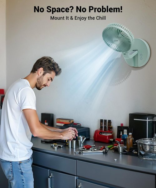Geek Aire Foldable Battery Operated Fan, Portable Rechargeable USB Floor Table Fan with LED Light, Quiet Oscillating Pedestal Fans that Blow Cold Air for Bedroom Office Camping Travel - Green