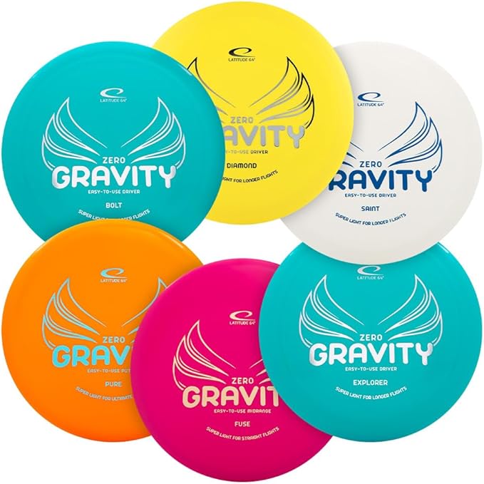 Latitude 64 Gravity Disc Golf Disc Set | 6-Pack Starter Set | Pure, Fuse, Explorer, Saint, Diamond, Bolt | Lightweight, Floating Plastic for Longer Flights | 120-130g (Colors May Vary)