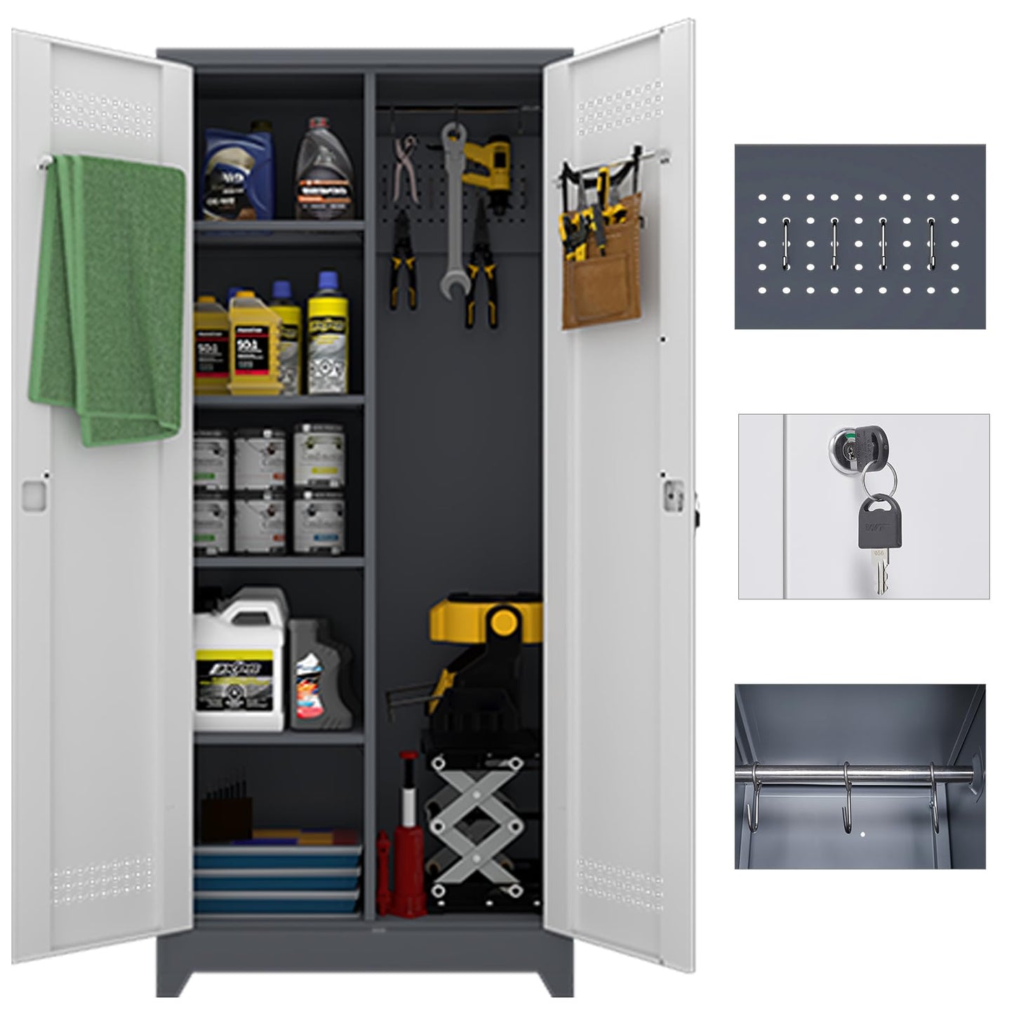 IRONFFICE Metal Storage Cabinets with Doors and Shelves,Tall Broom Closet Storage Cabinet with Pegboard,Utility Tool Cabinets,Steel Locking Cabinets for Home Office,Basement,Laundry,Grey-White