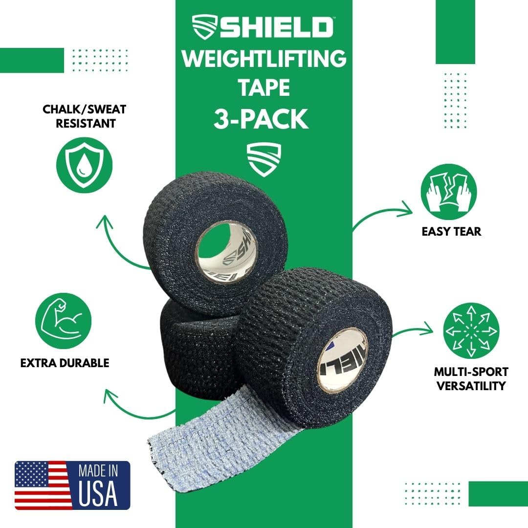SHIELD | Weightlifting Tape - Made in USA, Hook Grip, Cross-Training, WOD Grip Tape 3-Pack– Durable, Non-Slip, Comfortable Stretchy Athletic Tape – Thumb, Wrist, Finger Protection (Black)