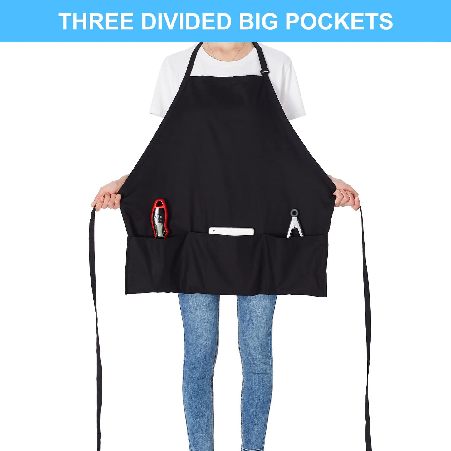 Jubatus 2 Pack 3 Pockets 100% Cotton Adjustable Bib Apron Chef Kitchen Cooking Aprons for Women Men, Black