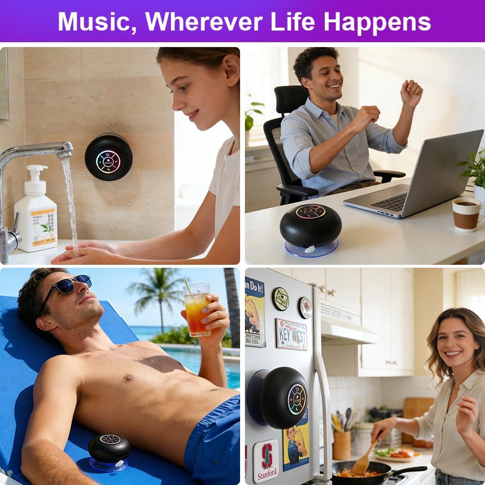 Luzsco IPX4 Bluetooth Shower Speaker with LED Portable Wireless Mini Speaker with Mic & Suction Cup, Water Resistant