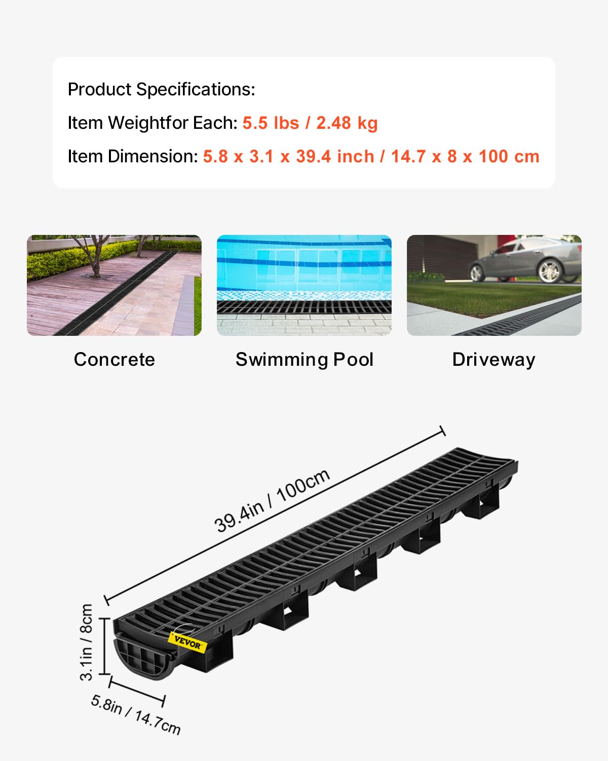 VEVOR Trench Drain System 6 Pack, Channel Drain with Plastic Grate 5.8 x 3.1 in HDPE Drainage Trench, Black Plastic Garage Floor Waterway 6 x 39 in with 6 End Caps for Garden Driveway