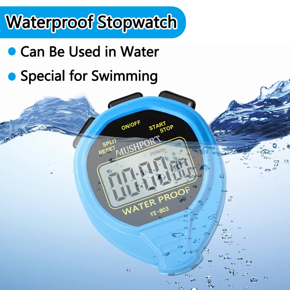 MUSHPORT Waterproof Stopwatch Timer Only Stopwatch Mode, ON/Off Silent Large Display Simple Operation, Without Clock Date Countdown, Digital Stop Watch for Sports Coaches, Blue