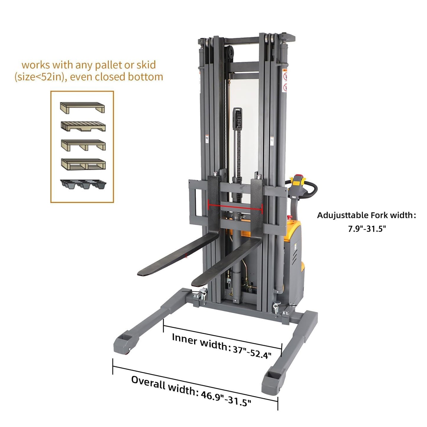 APOLLO Full Electric Stacker Powered Straddle Forklift and Legs 3300lbs Capacity 177''Lifting Height with Adjustable Forks Material Lifter Suitable for Narrow Space Warehouse or Factory