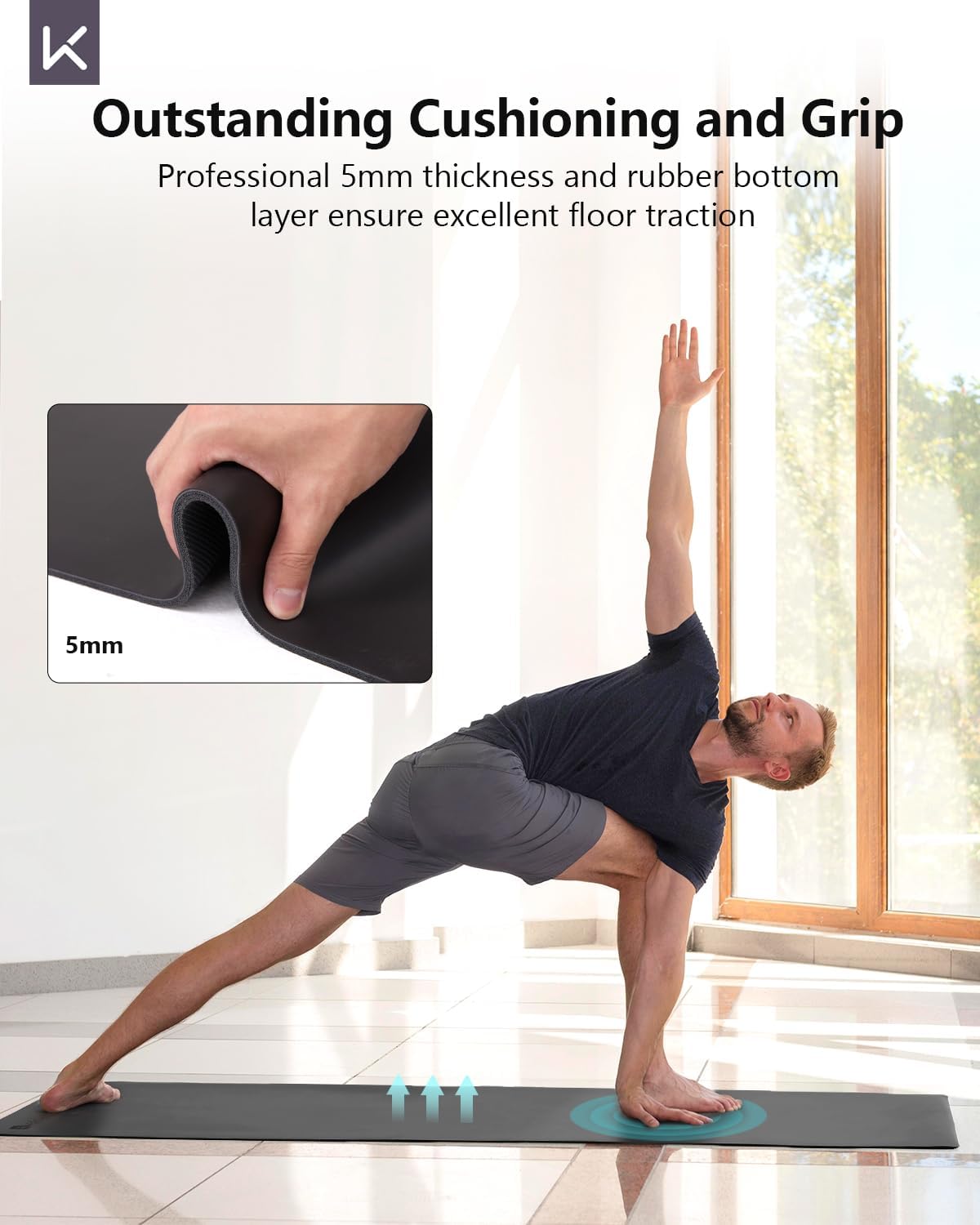 KEEP Yoga Mat Non Slip - PU & Natural Rubber Professional Exercise Mat for Women Men - 5mm Thick, 72"x26" Large Wide Heavy Duty Workout Mat for Hot Yoga, Pilates, Home Gym - Strap Included, Black