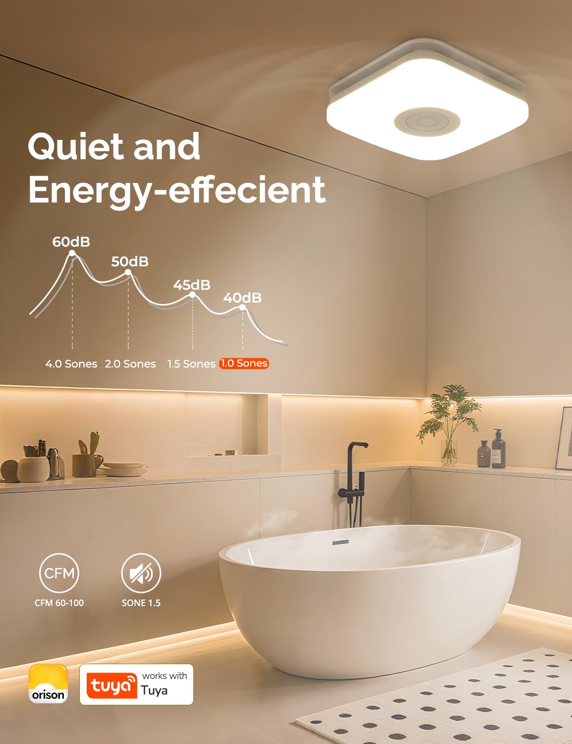 Orison Bathroom Exhaust Fan with Bluetooth Speaker, 110 CFM 1.0 Sone, bathroom vent fan featuring Light with 3 Color Temperatures, RGB Music Light, Nightlight, Remote Control, EZ Install