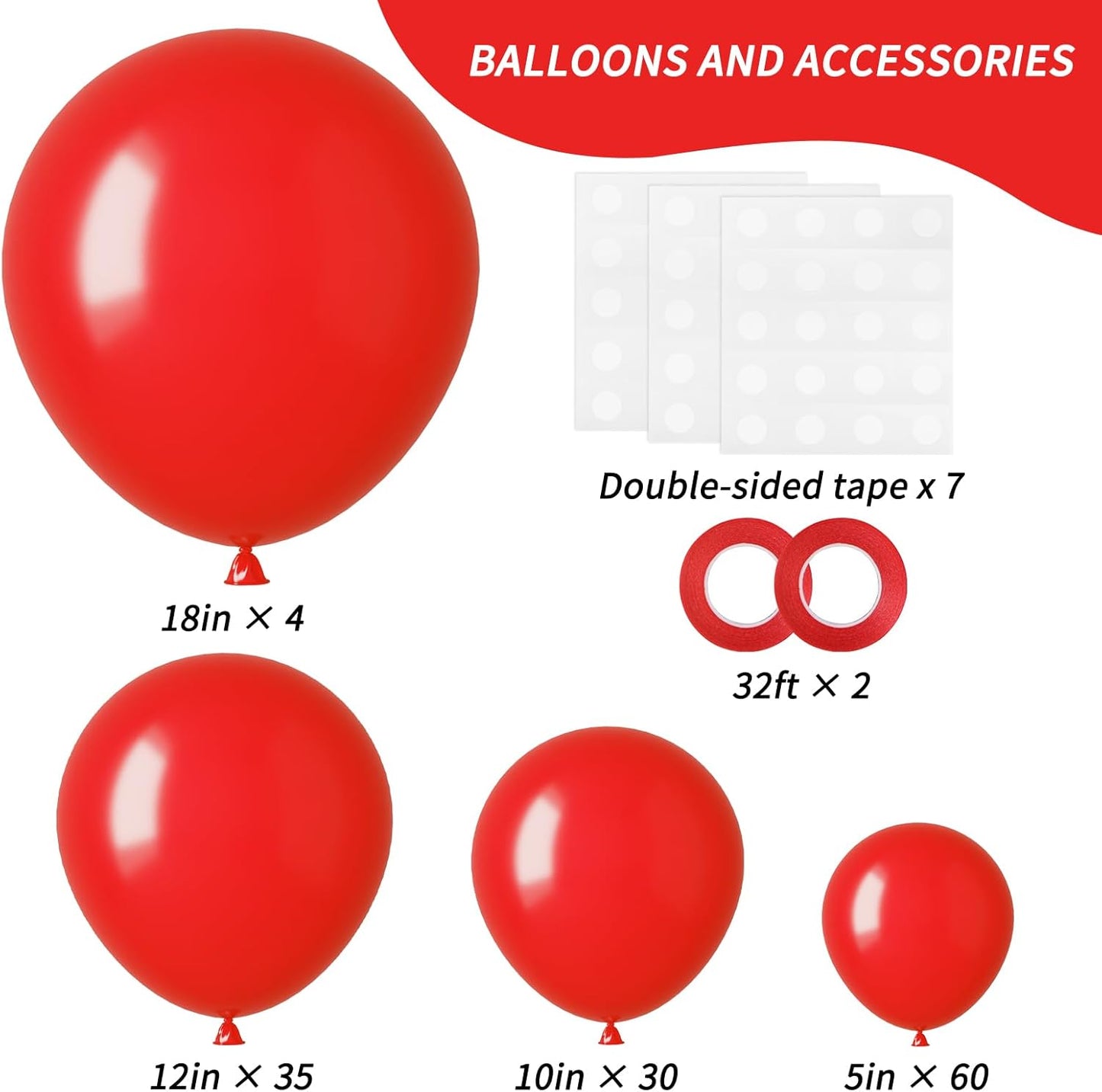 RUBFAC Red Balloons - 129pcs Premium Latex in Various Sizes for Wedding, Birthday & Party Decor