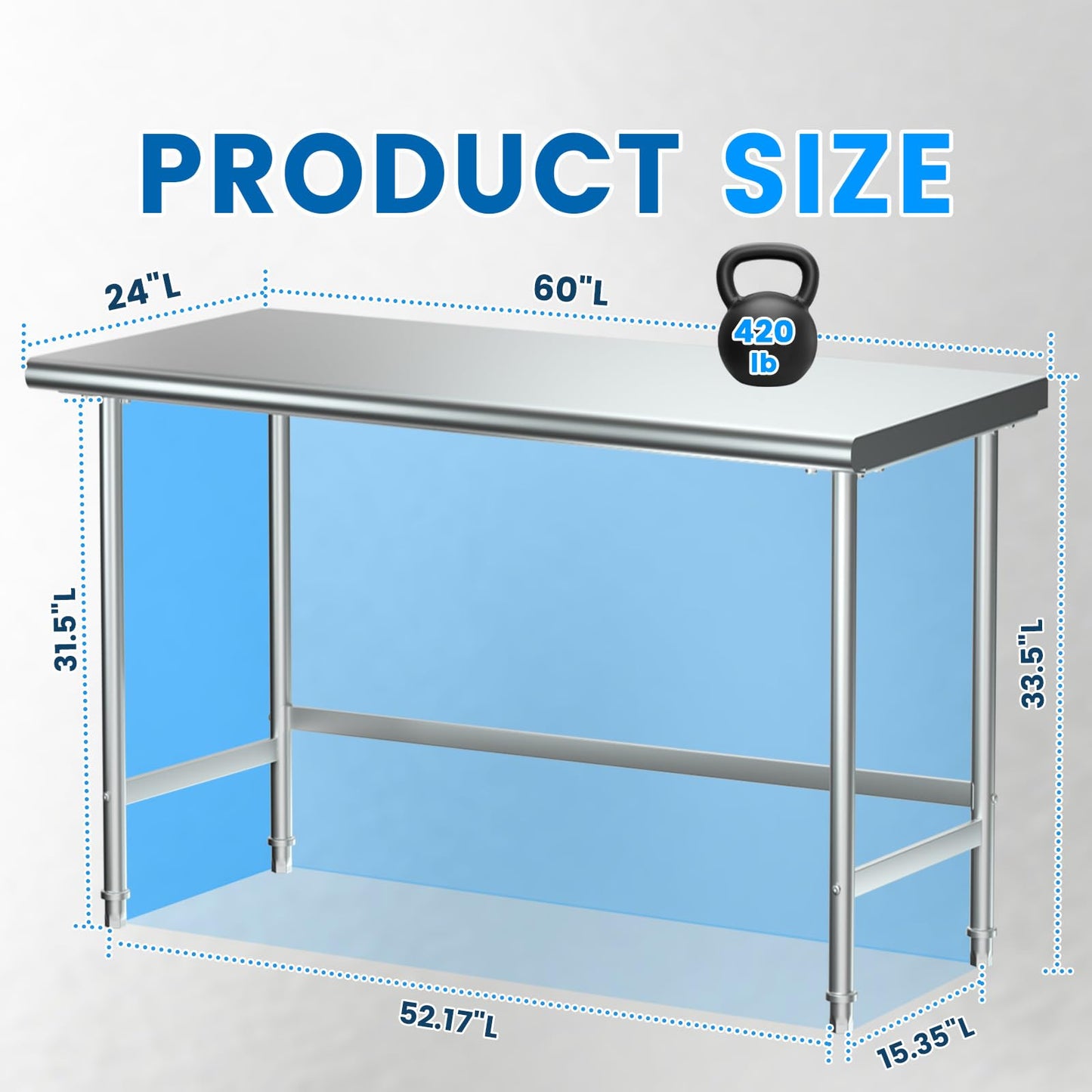 Treshin Stainless Steel Work Table Open Base 24" X 60", Commercial Heavy Duty Prep Table for Kitchen, Restaurant, Home, Hotel, Laundry
