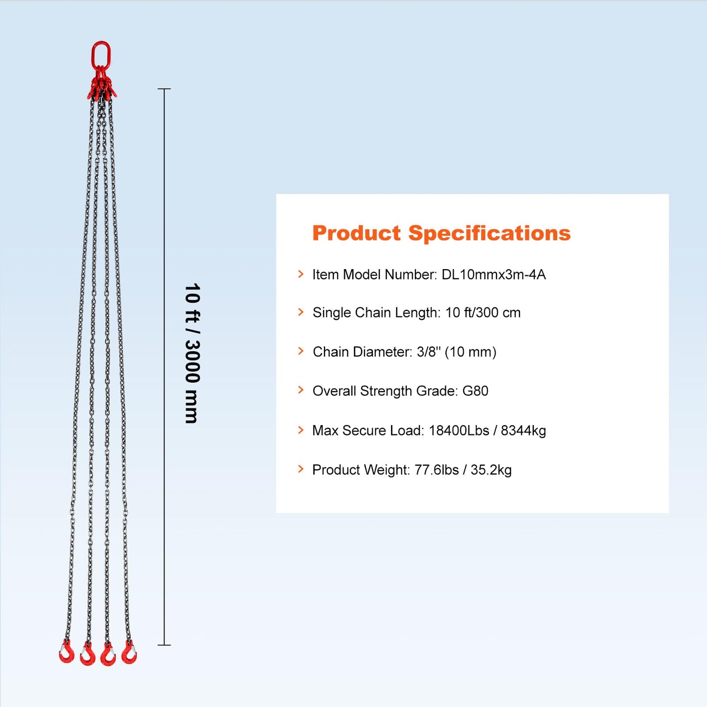 VEVOR Chain Sling, 3/8 inch x 10 ft Lifting Chains with Hooks, G80 Engine Chain Hoist Lifts, 18400 lbs/8 Ton Lifting Sling Chains for Engine Hoist, Engine Lift Chain with 4 Leg Grab Hooks & Adjusters