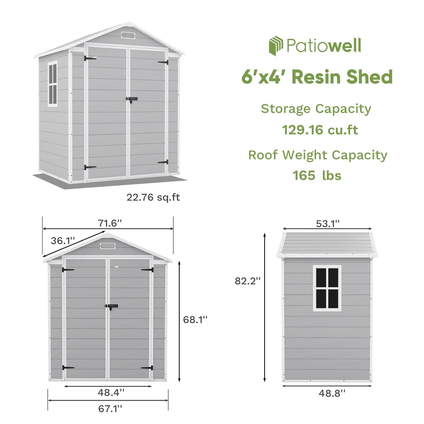 Patiowell 6x4 FT Resin Outdoor Storage Shed with Floor, Plastic Storage Shed with Lockable Door, Outside Shed Perfect to Store Patio Furniture, GardenTools Bike Accessories, Lawn Mower, Light Gray