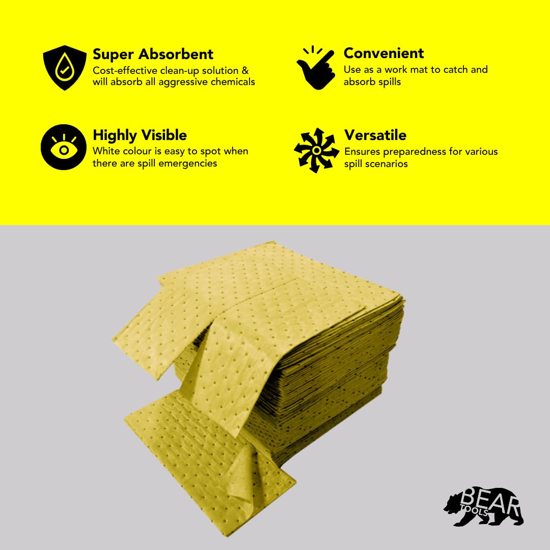 Chemical Absorbent Pads - Absorb Agressive Chemicals, Acids, Alkalis - Spill Control Sheets - 16" x 18", 100 Sheets, Sonic Bonded Core with Spun Bound Top Layer, Yellow - Indoor/Outdoor Use