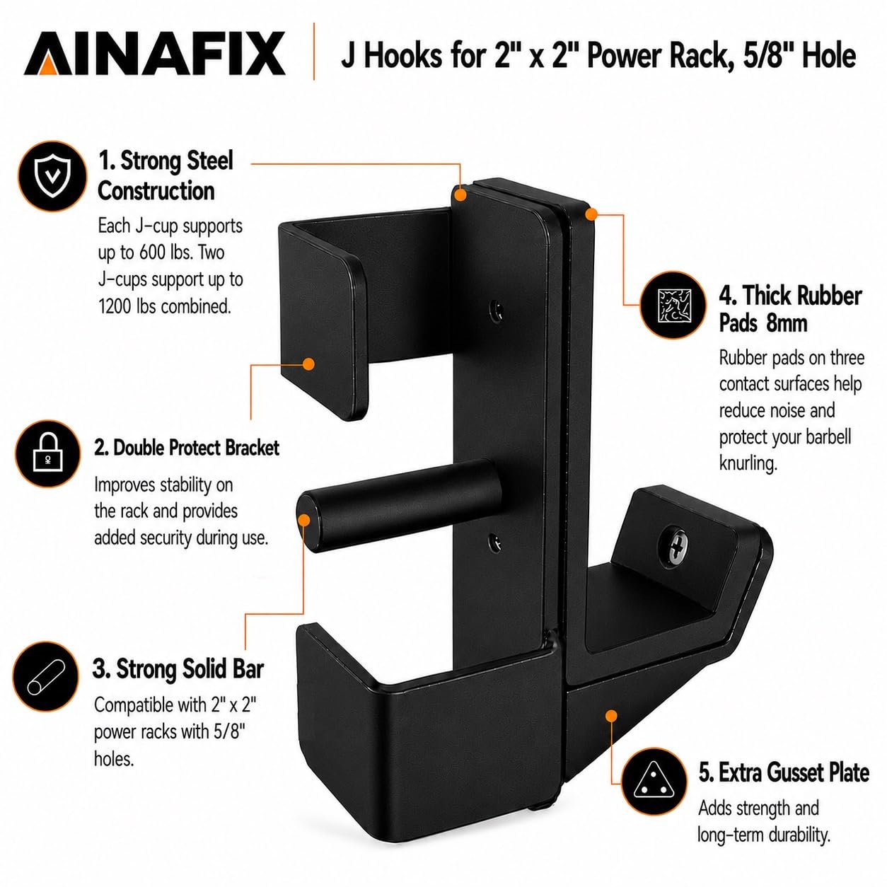 AINAFIX J Hooks for 2" x 2" Power Rack with 5/8" Hole, Rubber Pad J-Hook for Power Cage, Bottom Reinforced Steel J Cups for Squat Rack, Heavy Duty Barbell Holder, Black