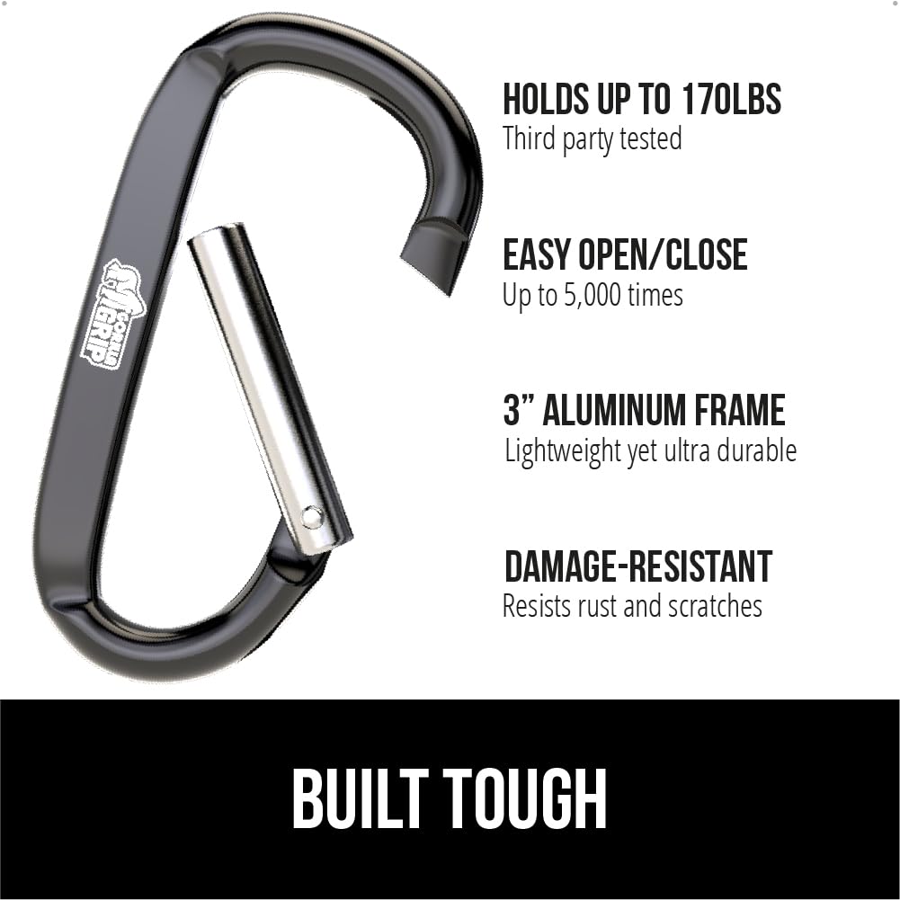 GORILLA GRIP Carabiner Clip, 3" D Ring, Pack of 6 Heavy Duty Aluminum Key Holder Clips Hold 170lbs, Rust, Scratch-Resistant Camping Essentials, Hiking Gear, Tactical Backpacking Keychains, Black