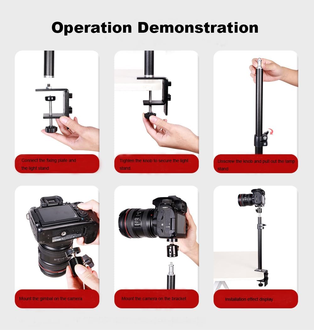 LSYRIA 18"-23" 1/4" 2kg Camera Desk Mount with C Clamp, Adjustable Desktop Light Stands with Ball Heads Cold Shoe