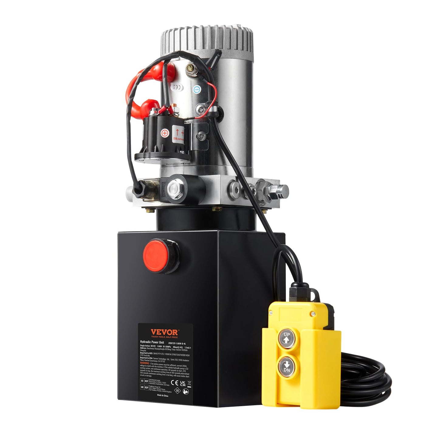 VEVOR Hydraulic Pump, 4 Quart Hydraulic Power Unit, Single Acting Dump Trailer Pump, 0.91 GPM Flow Rate, 3200 PSI Max Relief Pressure, DC 12V Hydraulic Pump for Dump Trailer Car Lifting