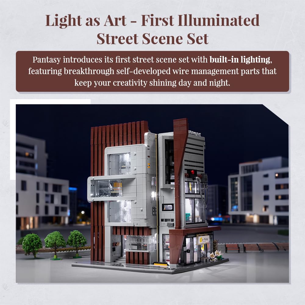 PANTASY Architecture Studio Building Set, Korean MOC Artist Ohsojang Collaboration, Modular 3-Story Modern Office with LED Lighting, Urban Street Scene Brick Model with 5 Minifigures