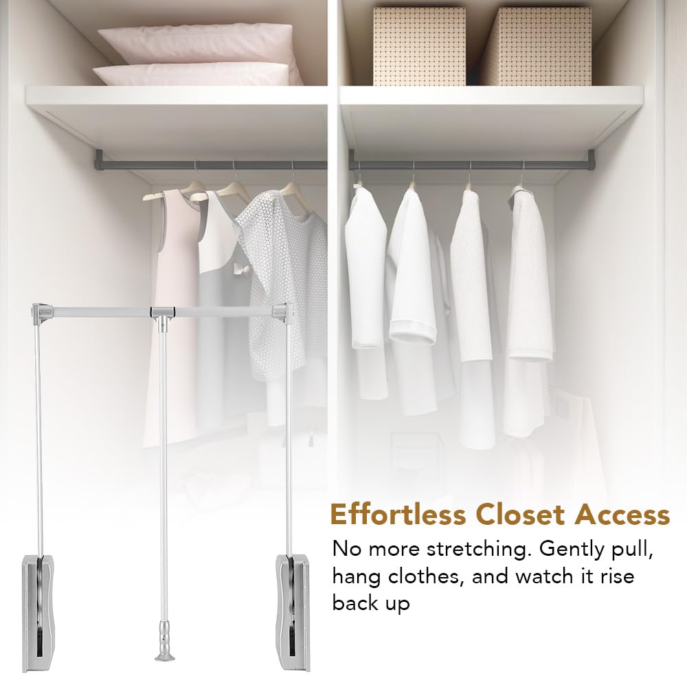Greensen Adjustable Pull Down Closet Rod, Heavy Duty Aluminum Wardrobe Rail, Retractable Clothes Hanger Organizer, 32.7 to 45 Inches