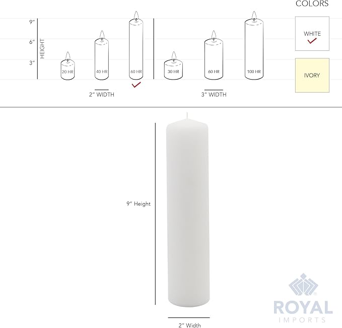 Royal Imports Pillar Candles White Unscented Premium Wax, 60 Hours Burning for Wedding, Spa, Party, Birthday, Holiday, Bath, Home Decor - 2"x9" Inch - Set of 12
