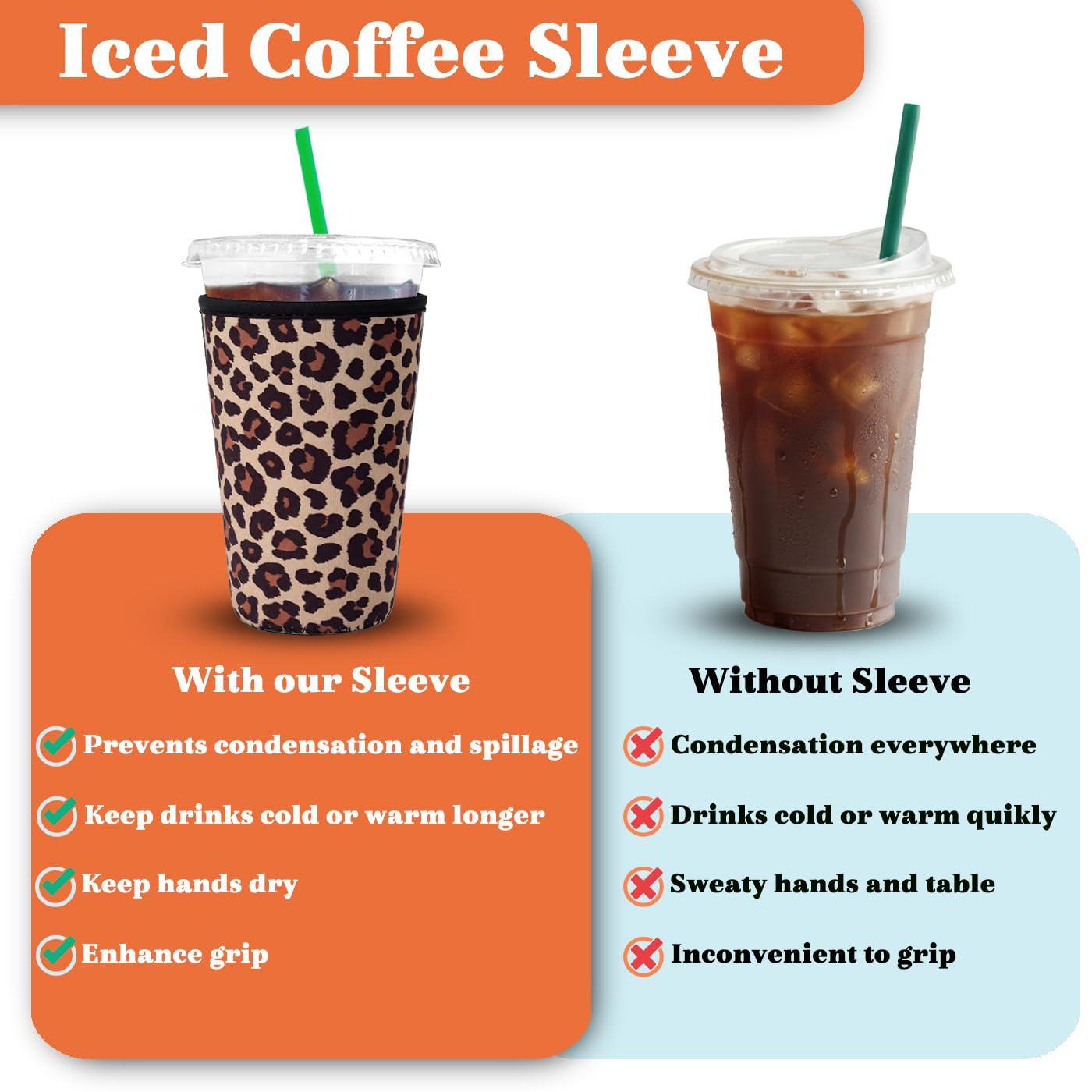 XccMe Reusable Iced Coffee Insulator Sleeve for Cold Beverages,3 Pack Neoprene Coffee Coolies sleeves for Iced & Hot Drinks,Drink Sleeve Compatible with Starbucks Coffee and More (Leopard 2)