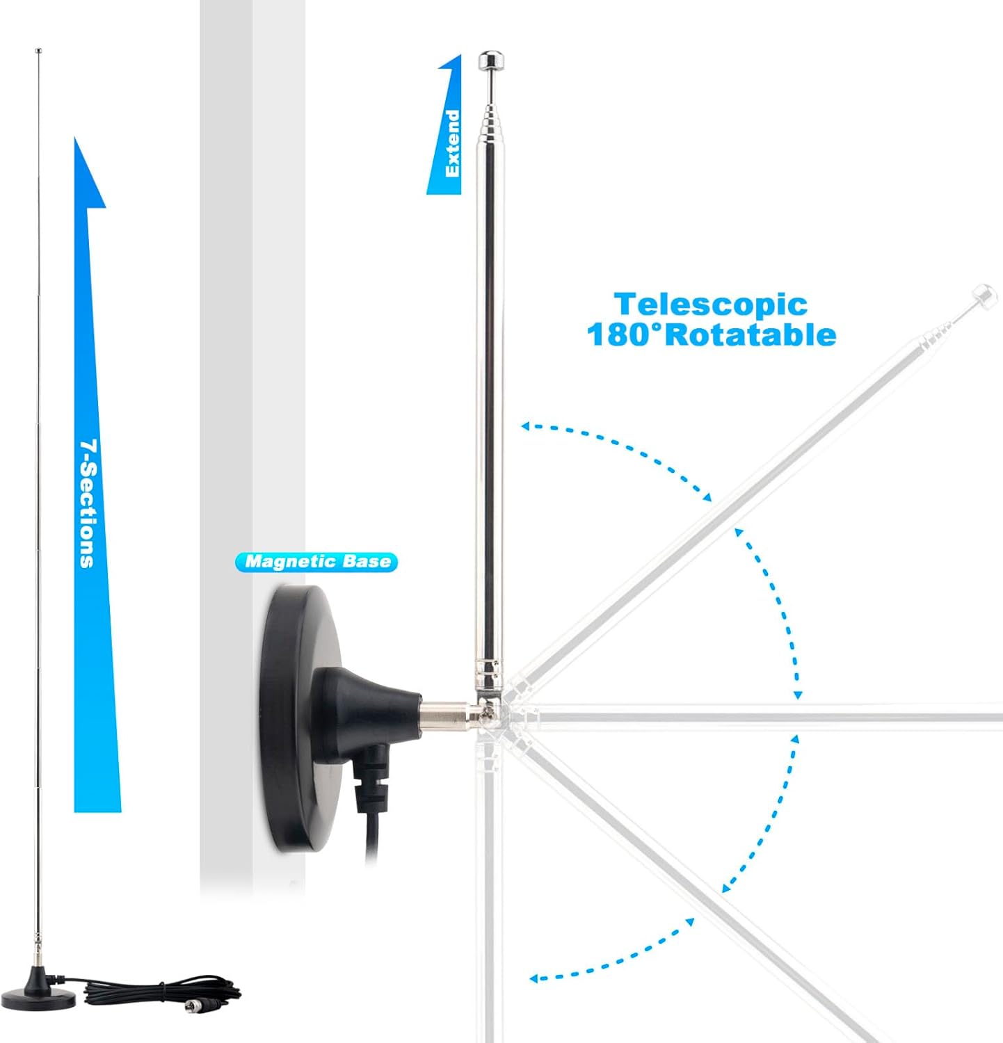 Kaunosta 10ft FM Antenna for Stereo Receiver Indoor, Telescopic FM Radio Antenna Heavy-Duty Magnetic Base with Cable