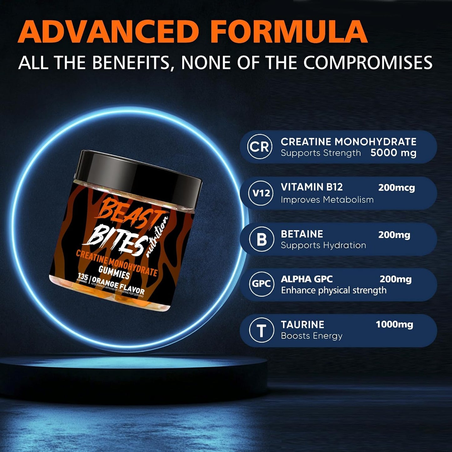Creatine Monohydrate Gummies for Men & Women - 5g of Creatine Monohydrate per Serving - Sugar Free,Vegan, Orange Flavor, 135 Count (45 Servings).