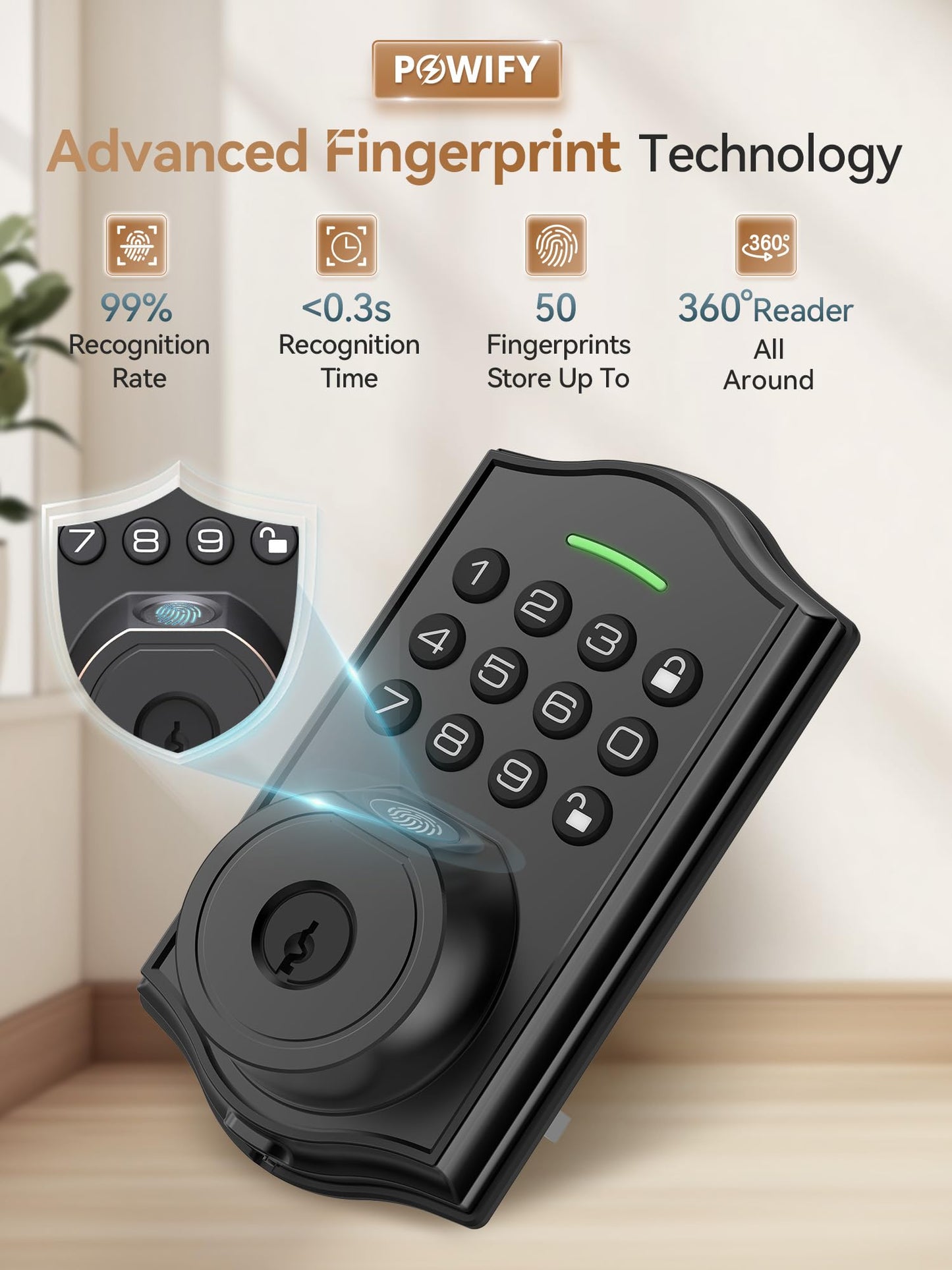 POWIFY Keyless Entry Door Lock with Handle,Fingerprint Smart Front Door Lock Set,APP Control, Electronic Keypad Deadbolt with Lever Handle, Anti-Peeping, Auto Lock, Easy Install, Black