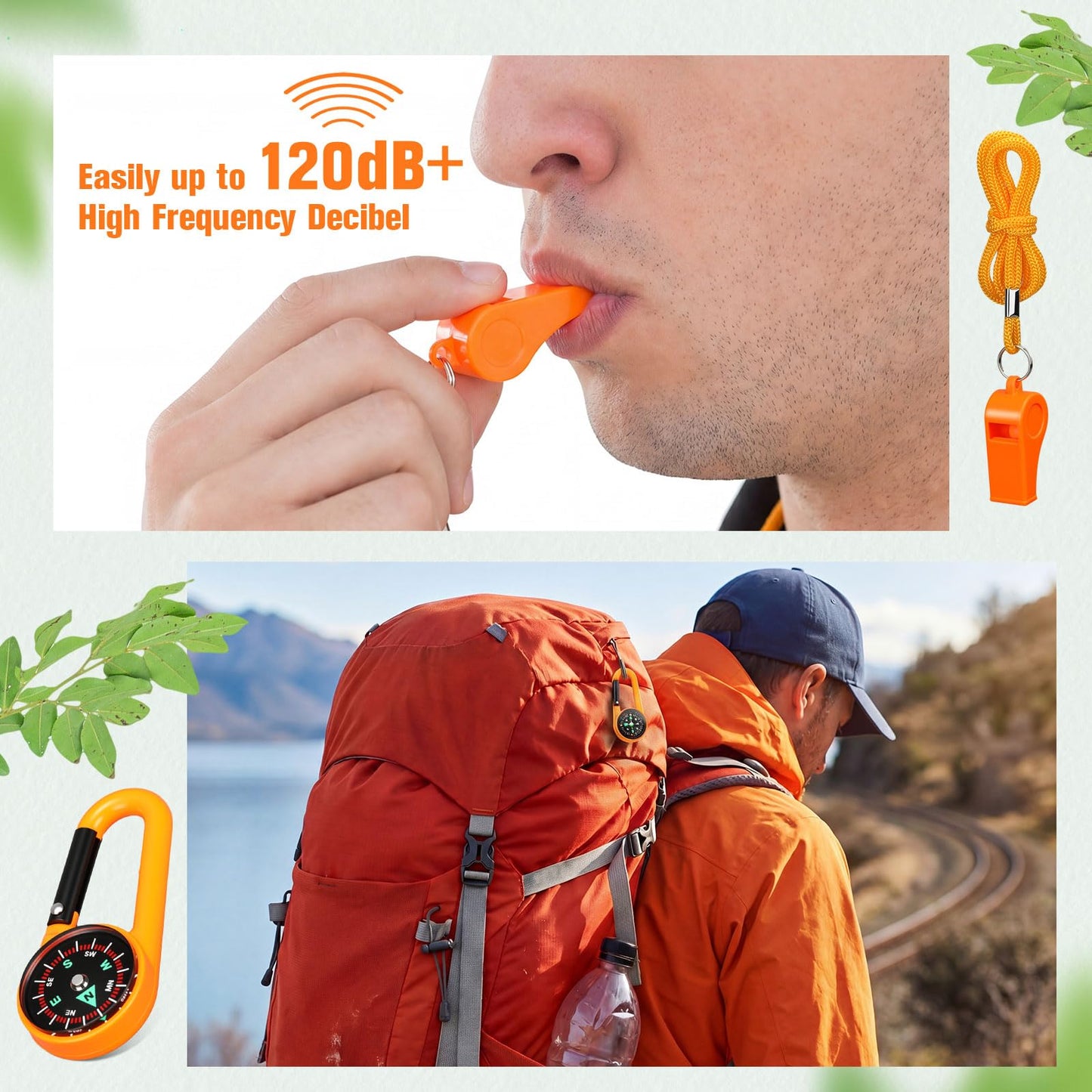 Honoson 24 Pcs Emergency Whistle and Compass Kit, 12 Survival Whistle with Lanyards Loud Blast 12 Magnetic Compass Keychain for Hiking Camping Orienteering Outdoor Navigation Accessories(Orange)