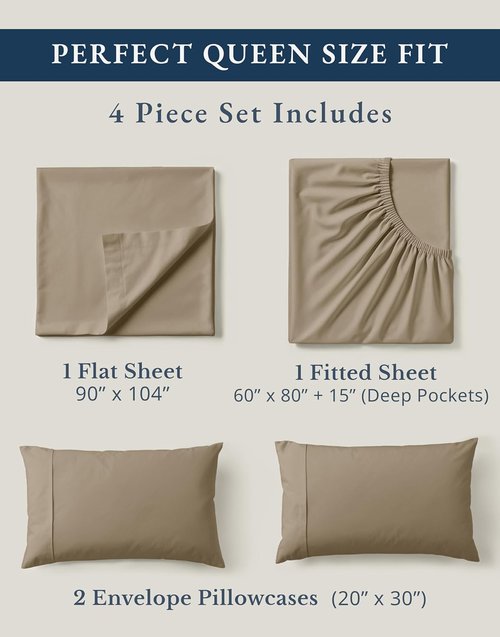 Lane Linen 100% Organic Cotton Sheets Set - Pure Long-Staple Percale Weave, Queen Size, Taupe