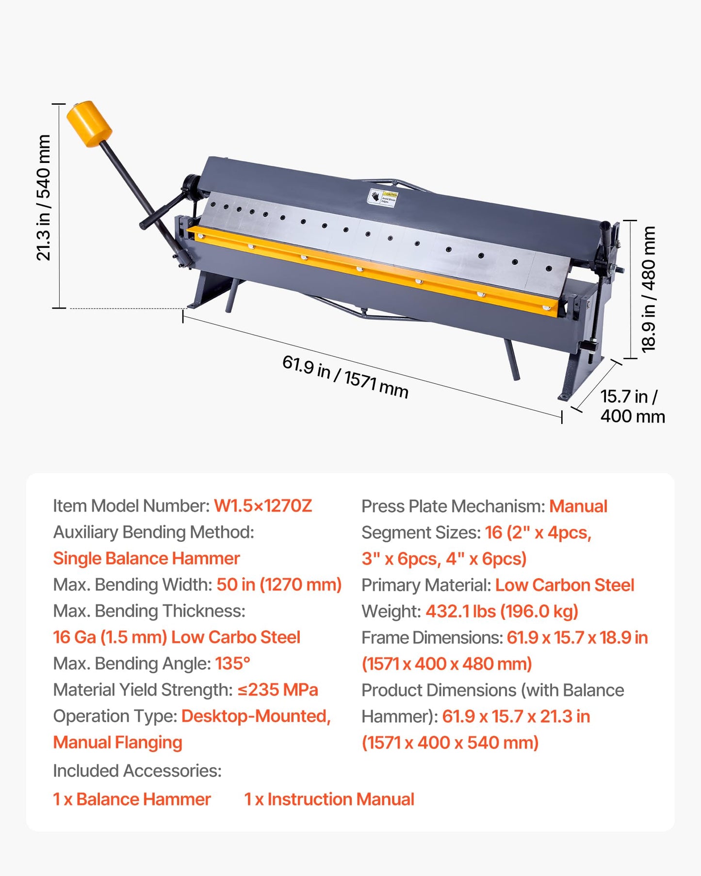 VEVOR Box and Pan Brake, 50 in Sheet Metal Bending Brake,16-Gauge Mild Steel Capacity, 0-135 Degree Adjustable, Metal Bender Machine with 16 Fingers, Heavy-Duty Aluminum Folder for Precise Bending
