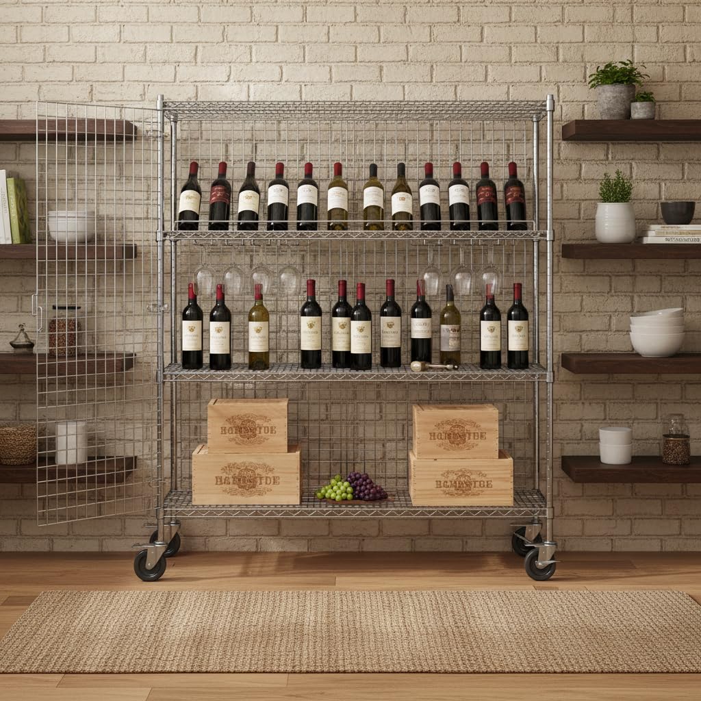24" x 60" x 70" NSF Mobile Chrome Wire Security Cage Kit with 4 Shelves, Lockable Rolling Storage Unit for Wine, Liquor, Beer & Warehouse Use, Heavy Duty Commercial Steel Storage Rack with Casters