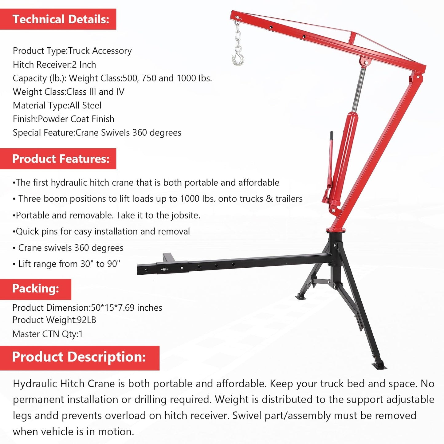 Garvee Hydraulic Pickup Truck Crane, Heavy Duty 1000 Lbs Capacity, 360° Swivel Hitch Mounted Crane with 3 Adjustable Capacities for Construction Goods Lifting