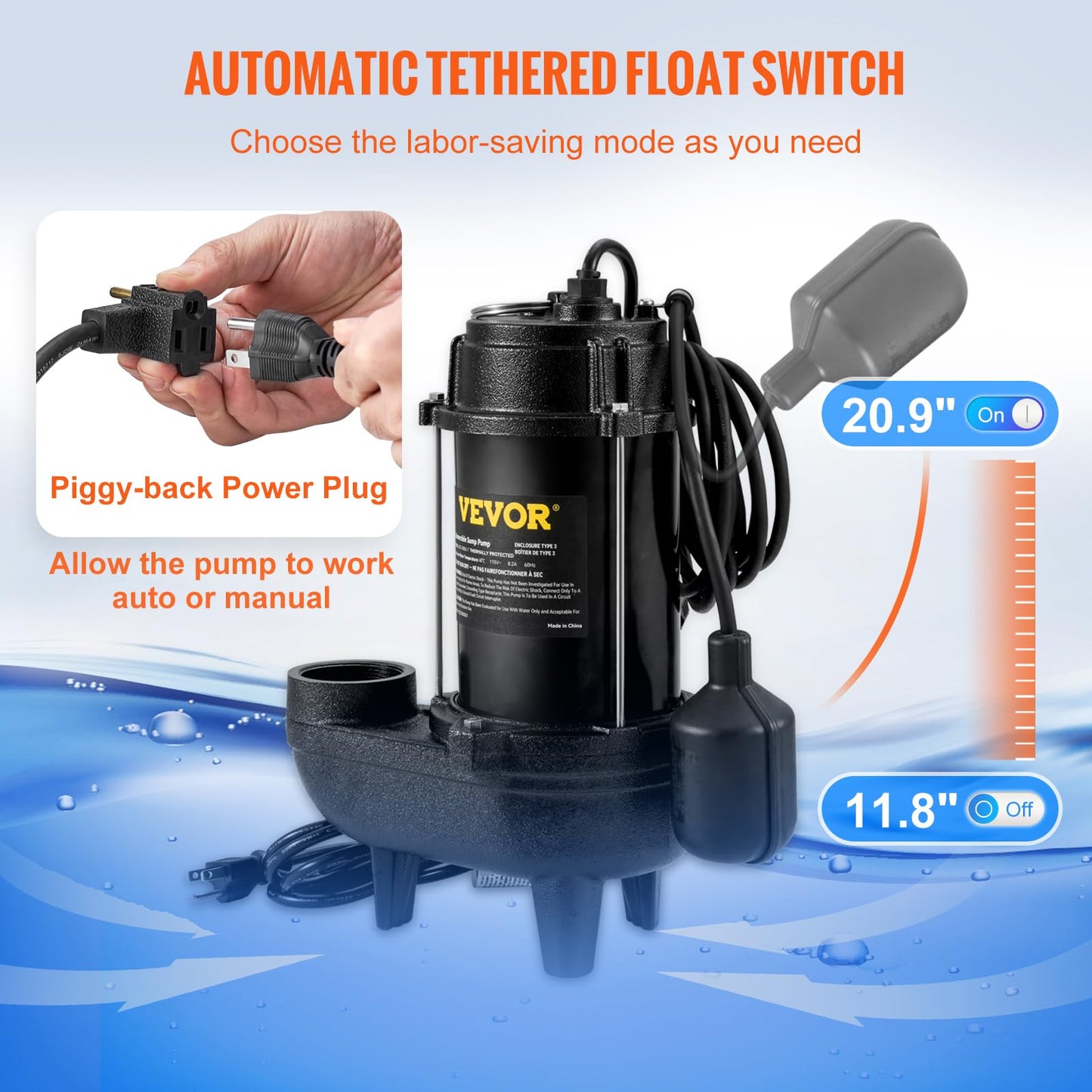 VEVOR 3/4 HP Submersible Sewage Pump, Cast Iron Submersible Sump Pump, Wear-proof Cast Iron Construction, with Tethered Float Switch, 10 FT Power Cord