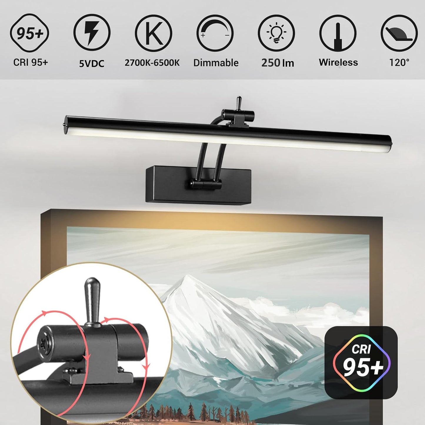 Yuichoy Picture Lights - 12 Inch Wireless Art Lighting with Remote | Dimmable Battery Operated, Black