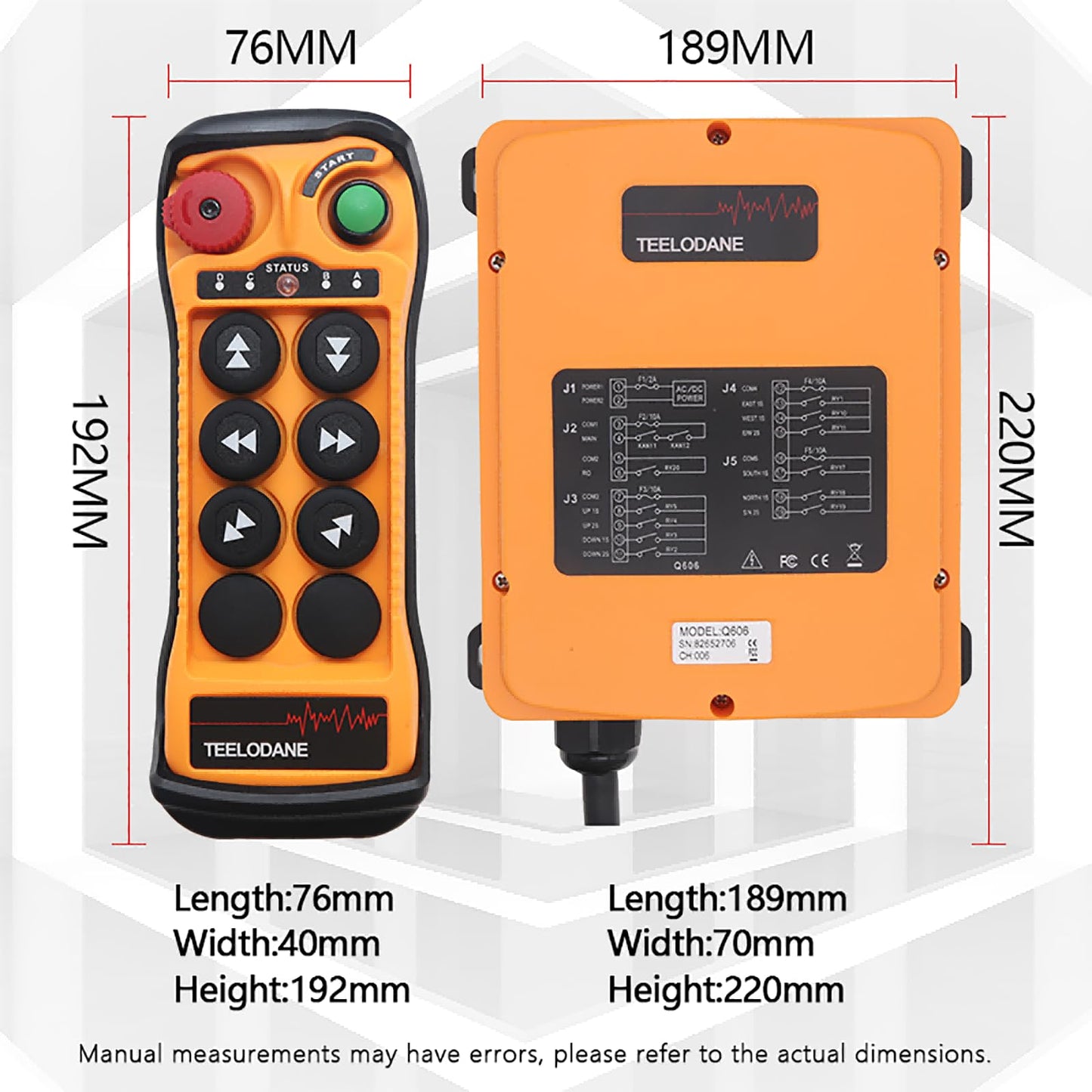 TEELODANE Q606 24V/110V/220V Industrial Wireless Remote Control 6 Button Dual Speed, IP65 Waterproof, Reinforced Nylon Housing, Heavy Duty Radio Controller for Crane Hoist Lift Winch (AC/DC 24-264V)