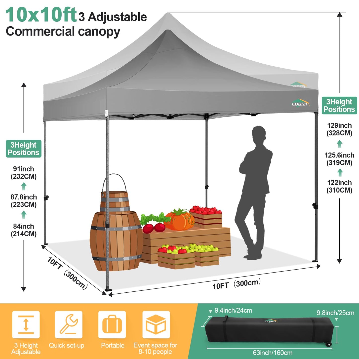 COBIZI 10x10 Pop Up Canopy Tent with 4 sidewalls Commercial Heavy Duty Canopy UPF 50+ All Weather Waterproof Outdoor Canopy Wedding Tents for Parties Gazebo with Roller Bag, Grey (Windproof Upgraded)
