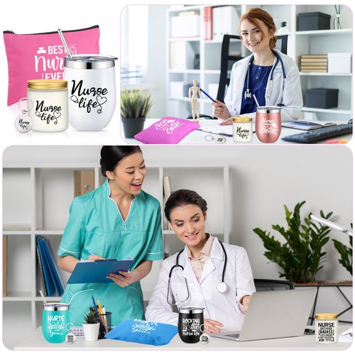 Maxcheck 24 Pcs Nurse Day Week Gifts Bulk 2026 for Nursing Assistant Appreciation Gift CNA Tumbler Scented Candle Makeup Bag Keychain(Cute Nurse)