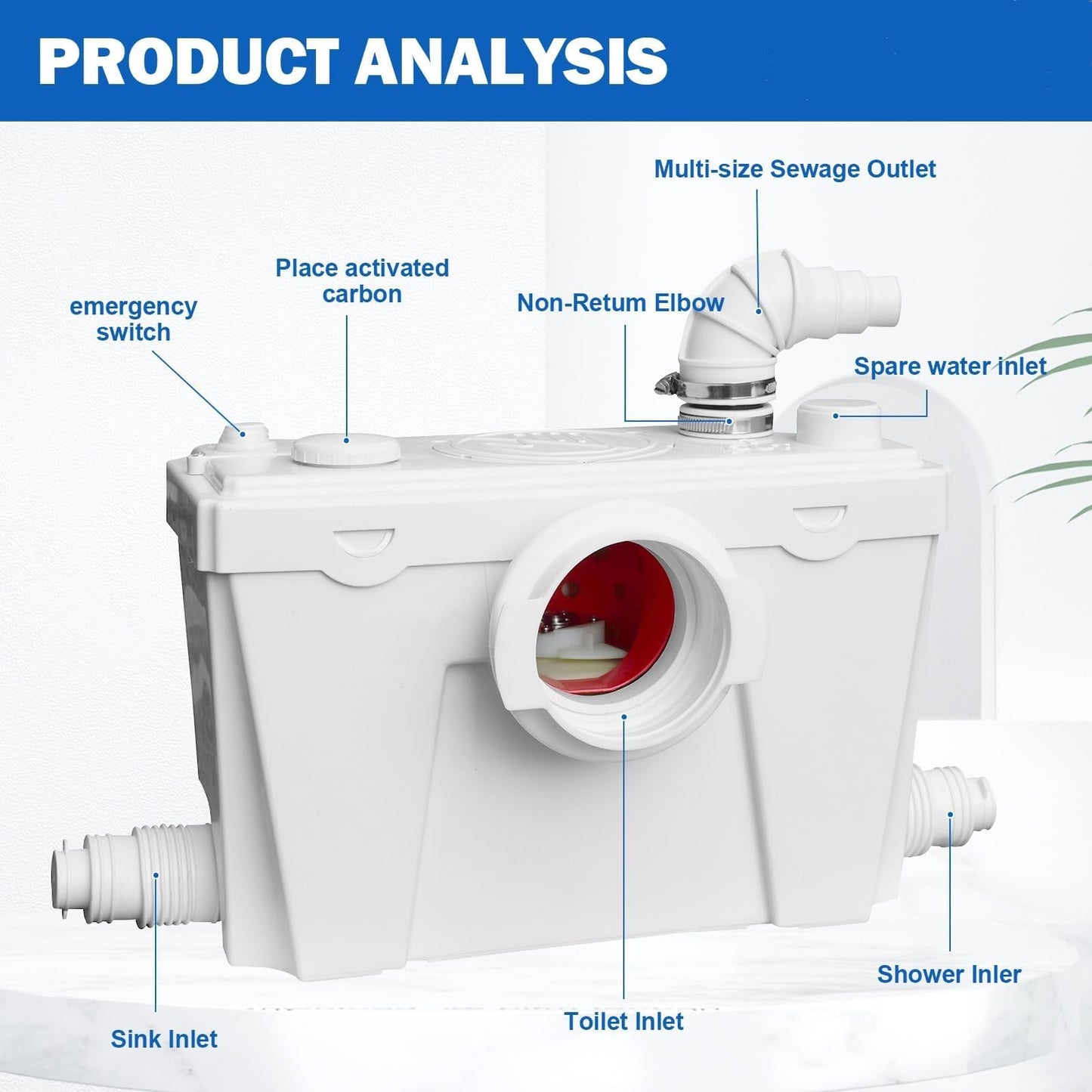 Macerating Toilet with Pump, Two-Piece Upflush Toilet For Basement, Powerful & Quiet Macerating Pump System With 4 Water Inlet & Ac Vent, 36ft Vertically, 16.5"Compact Toilet