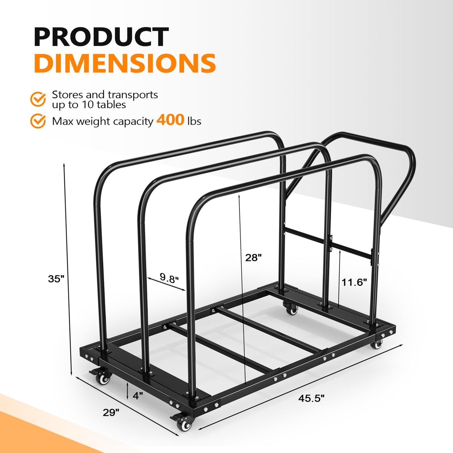 VINGLI Heavy Duty Folding Table Cart, Table Dolly with PU Swivel Wheels, 800 lbs Capacity, Holds Up to 10 Tables for Party Events, Hotels, Factories & Warehouses