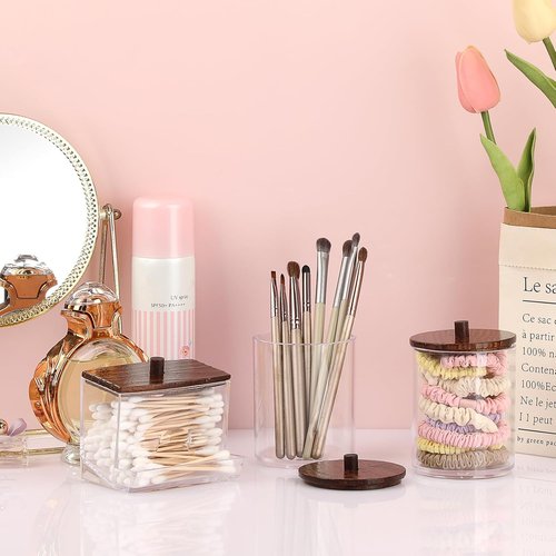 Hipiwe Acrylic Cotton Ball Holder - Clear Qtip Canister with Lid | Bathroom Organizer for Cotton Balls, Swabs, Pads - Brown