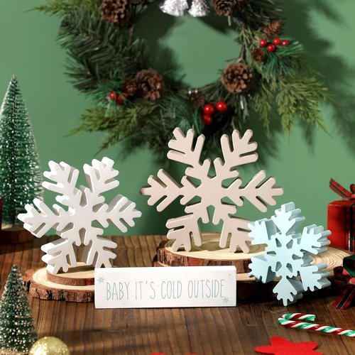 KORMMCO Christmas Snowflake Decor - White Wooden Table Signs | Winter Tiered Tray Decorations - 4 Pieces