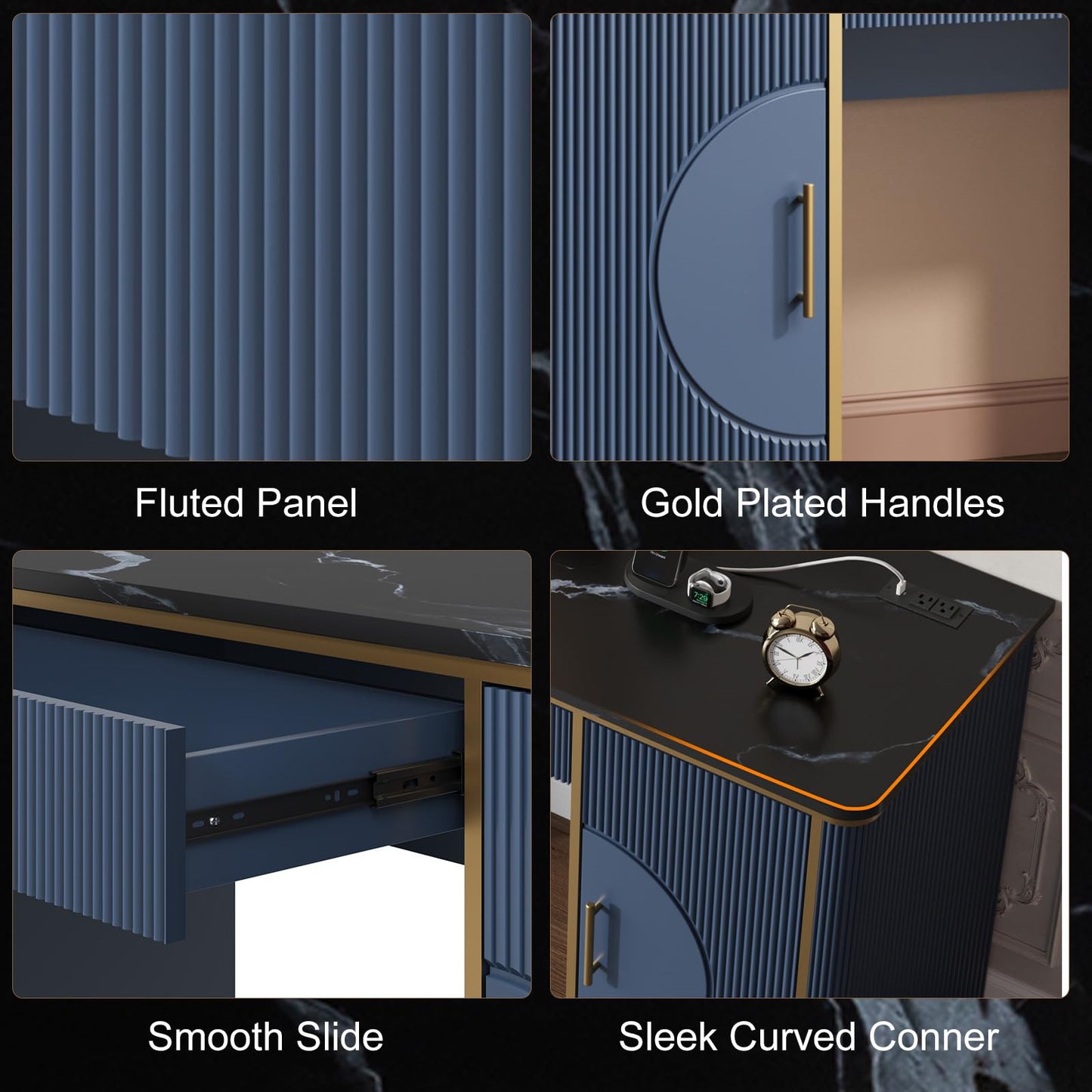 RNLRNL 60" Fluted Computer Desk, Wooden Long Home Office Writing Desk with Drawer & Storage Cabinet, Modern Writing Table with Charging Station, High Executive Desk for Office，Bedroom, Navy Blue