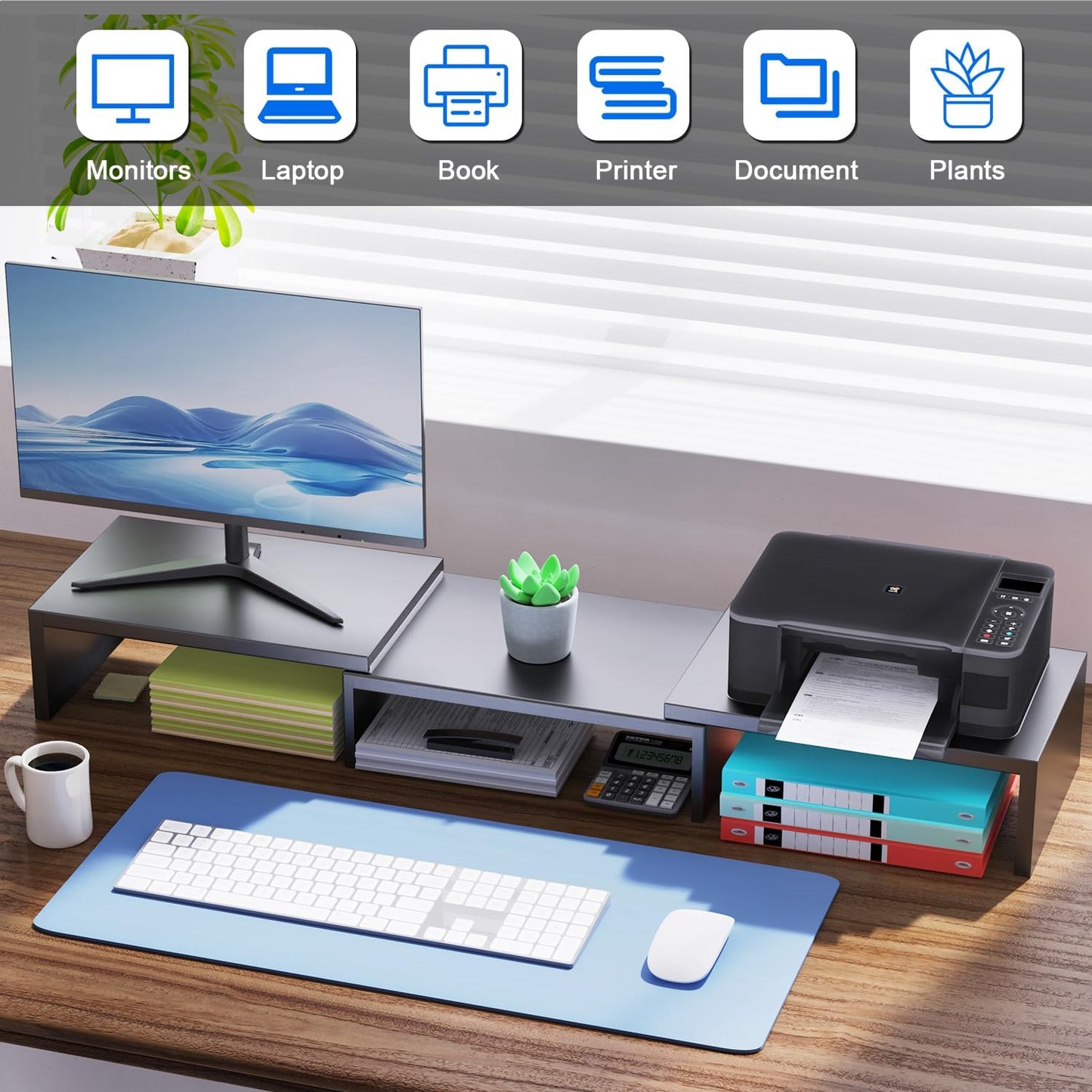 Black Metal Dual Monitor Stand - Ergonomic Desk Riser for Home and Office