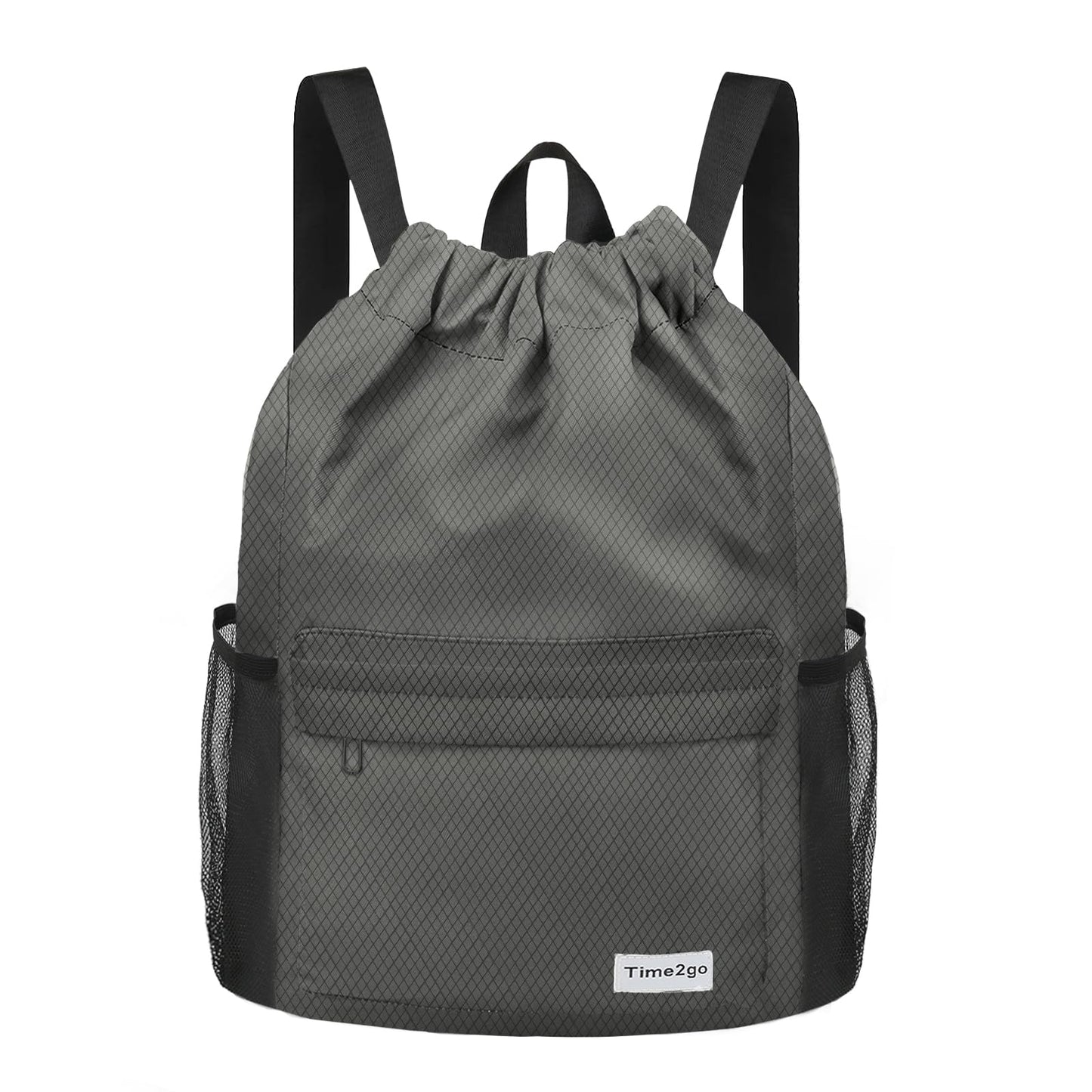 time2go Waterproof Drawstring Backpack Sports Gym Sackpack with Mesh Pockets Water-Resistant String Cinch Beach Bag for Men Women