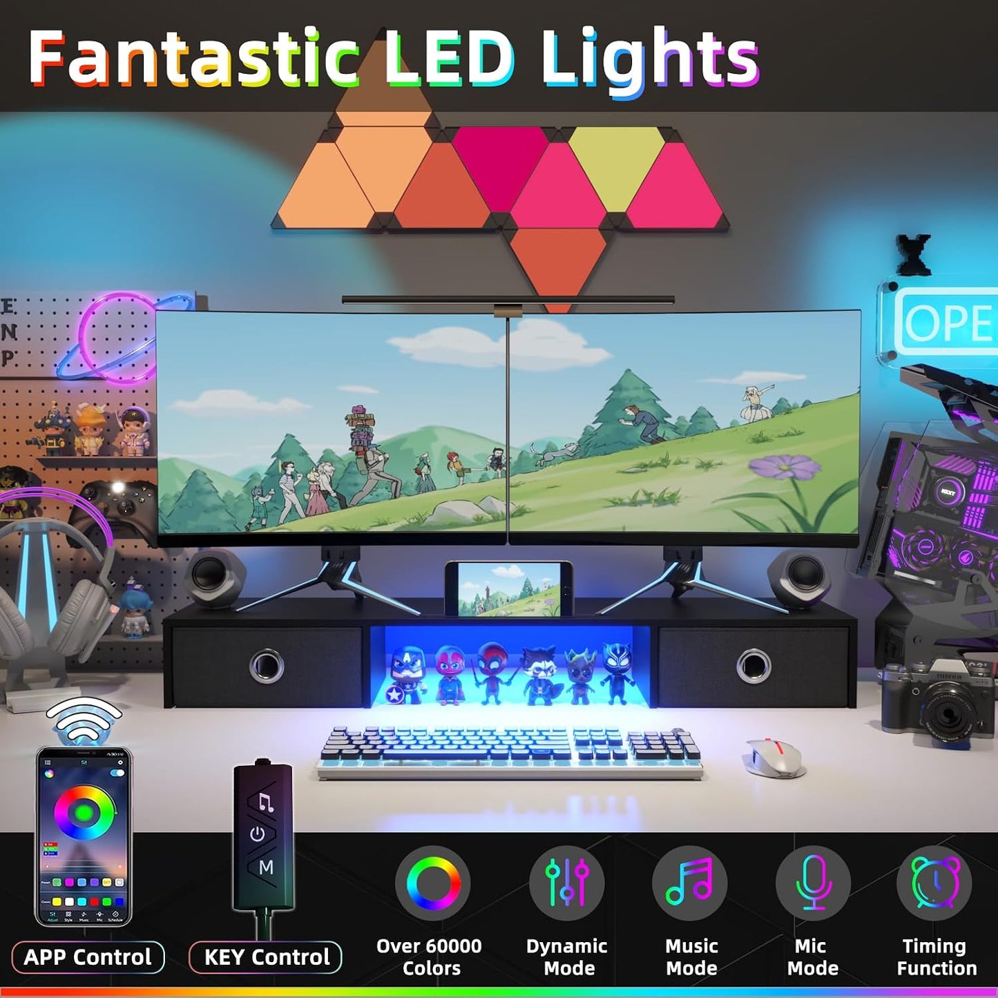 2 2 YAOHUOO Dual Monitor Stand with LED Light Drawers, Computer Monitor Riser for Monitors, Large Desktop Organzier