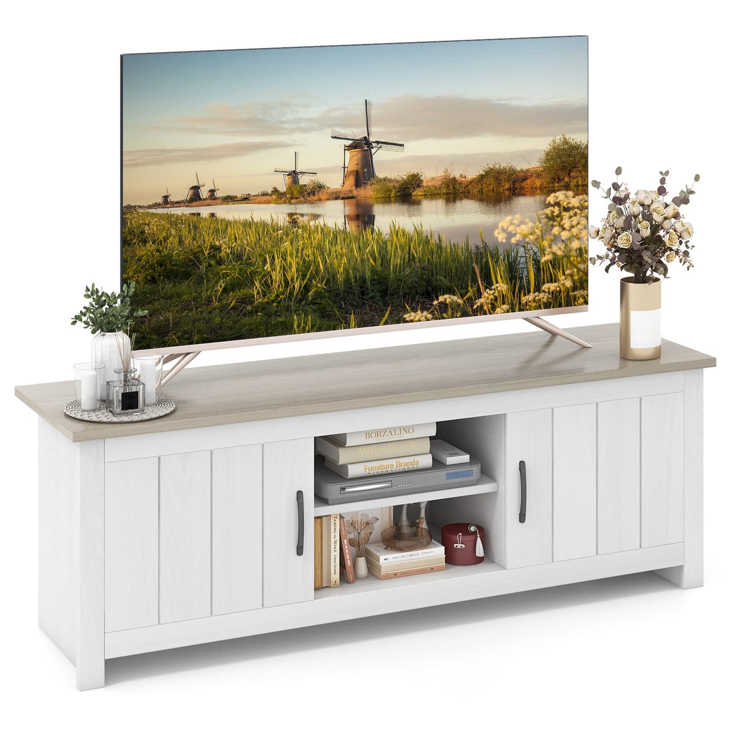 Tangkula 2 Doors TV Stand for TVs up to 65”, 57” Media Console Table w/ 2 Cabinets & Open Shelves, 2 Cable Management Holes. Wood Entertainment Center Cabinet for Living Room (White Oak)